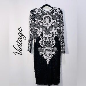 Vintage Swee Lo Silk Black White Pearl Beaded Long Sleeve Sheath Dress sz Small